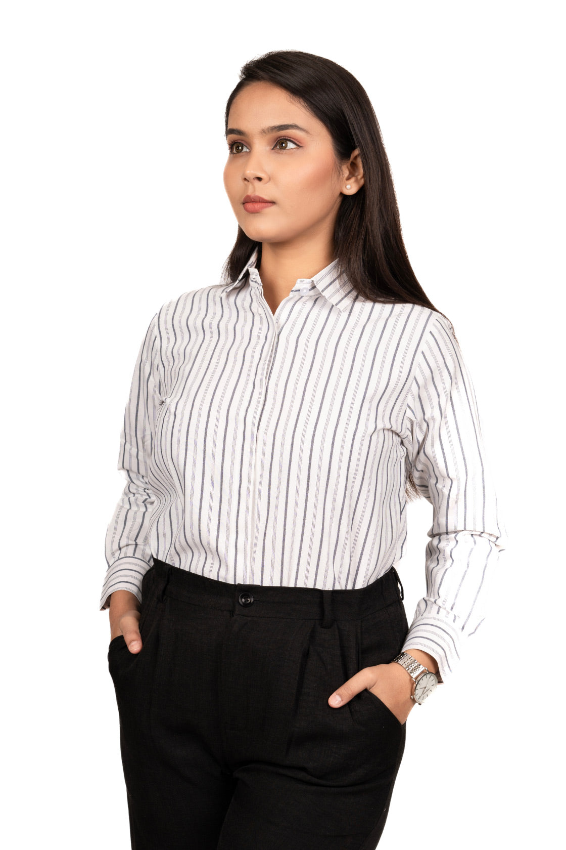 Classic White Women's Shirt With Black And White Stripes