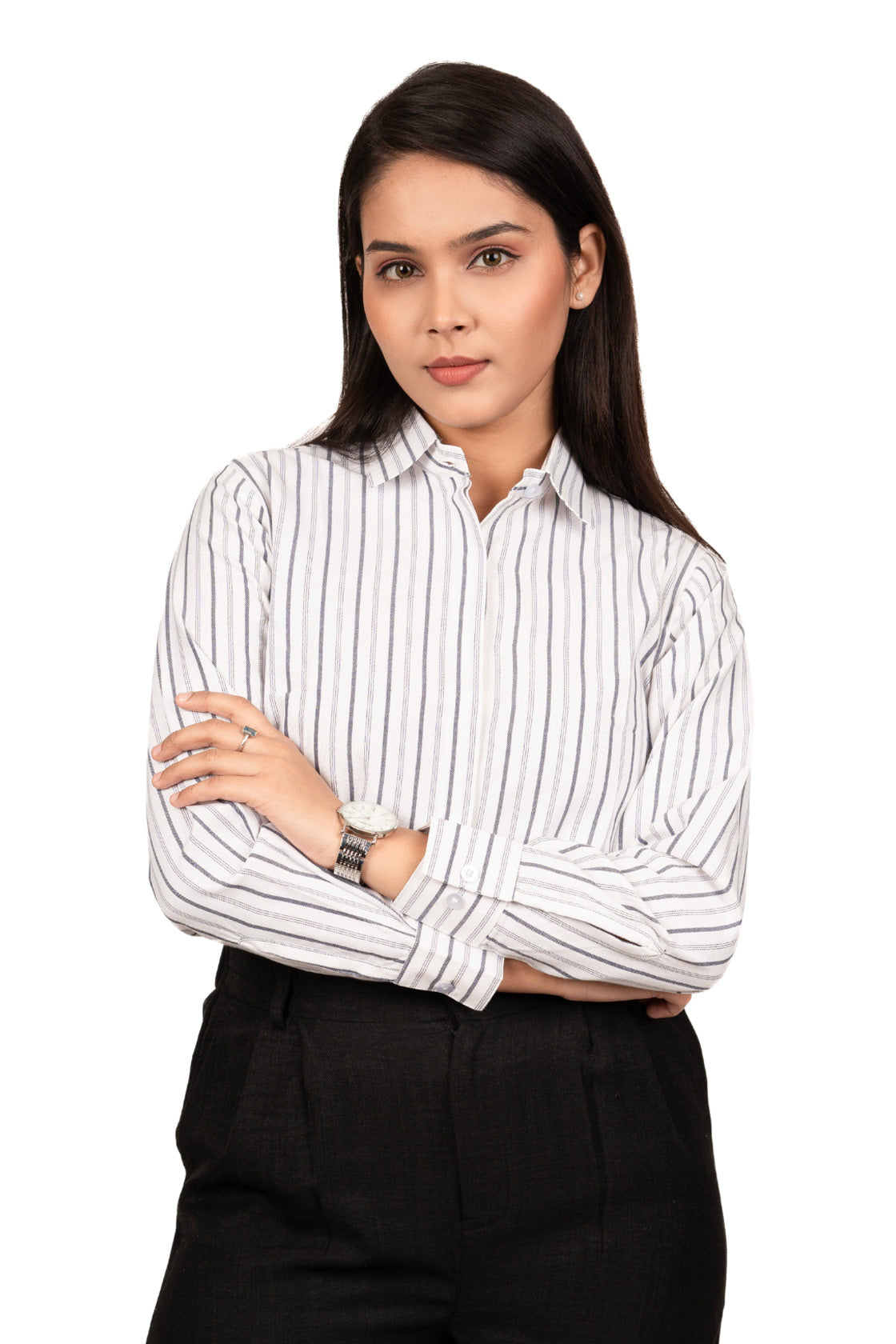 Classic White Women's Shirt With Black And White Stripes