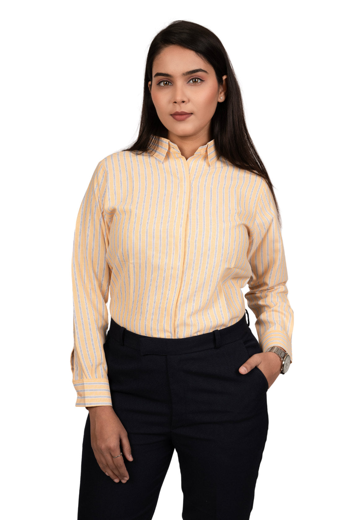Marigold Yellow Women's Shirt With White Stripes