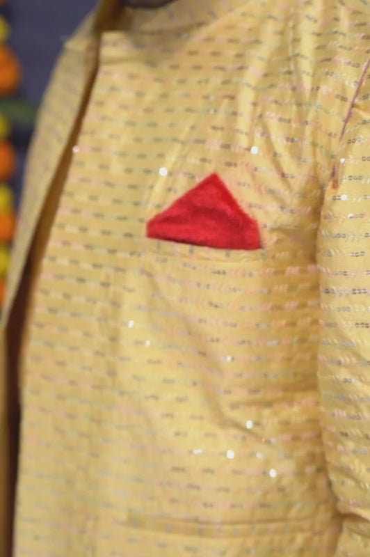 Straight Sequence Malai Kurta, Jacket & Pajama- Royal Yellow