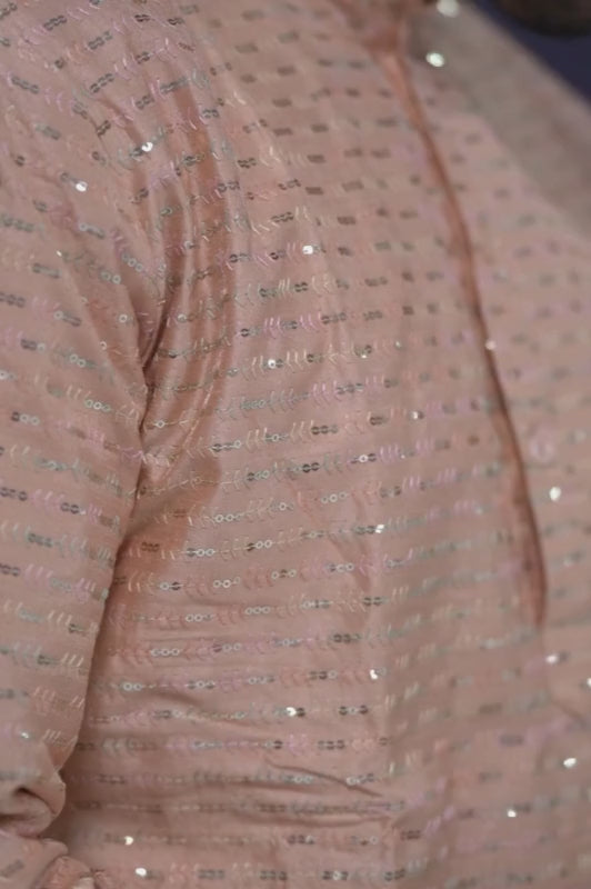 Straight Sequence Malai Kurta, Jacket & Pajama- Rose Brown
